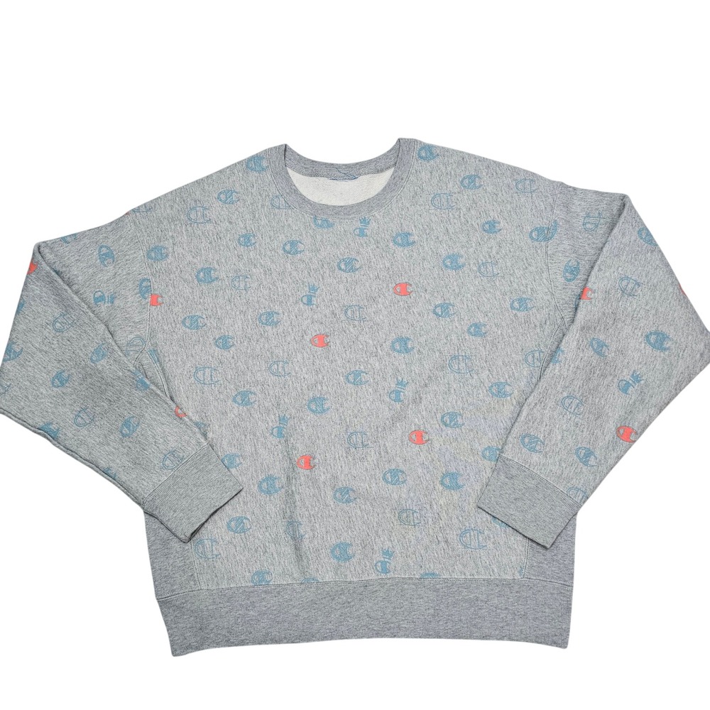 Champion Reverse Weave Sweatshirt Grey All Over Logo Print Pullover Mens S
